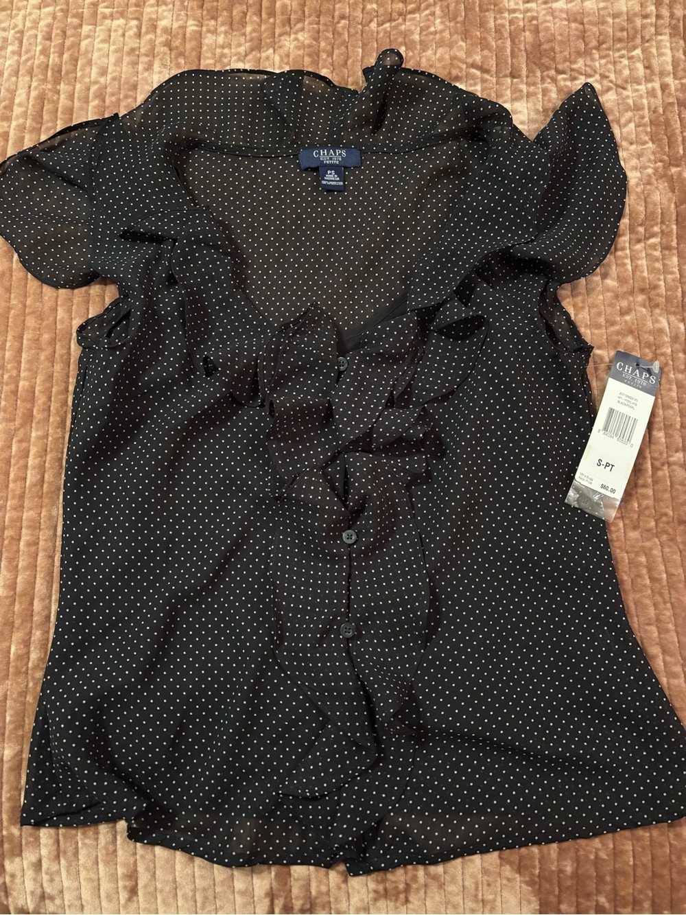 Chaps Black Polka Dot Ruffle Button-Front Blouse